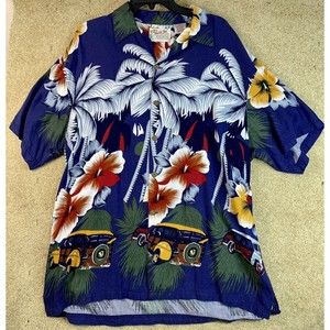 Thumbs Up Men's Hawaiian Shirt L Blue Graphic 100% Rayon Short Sleeve Vintage
